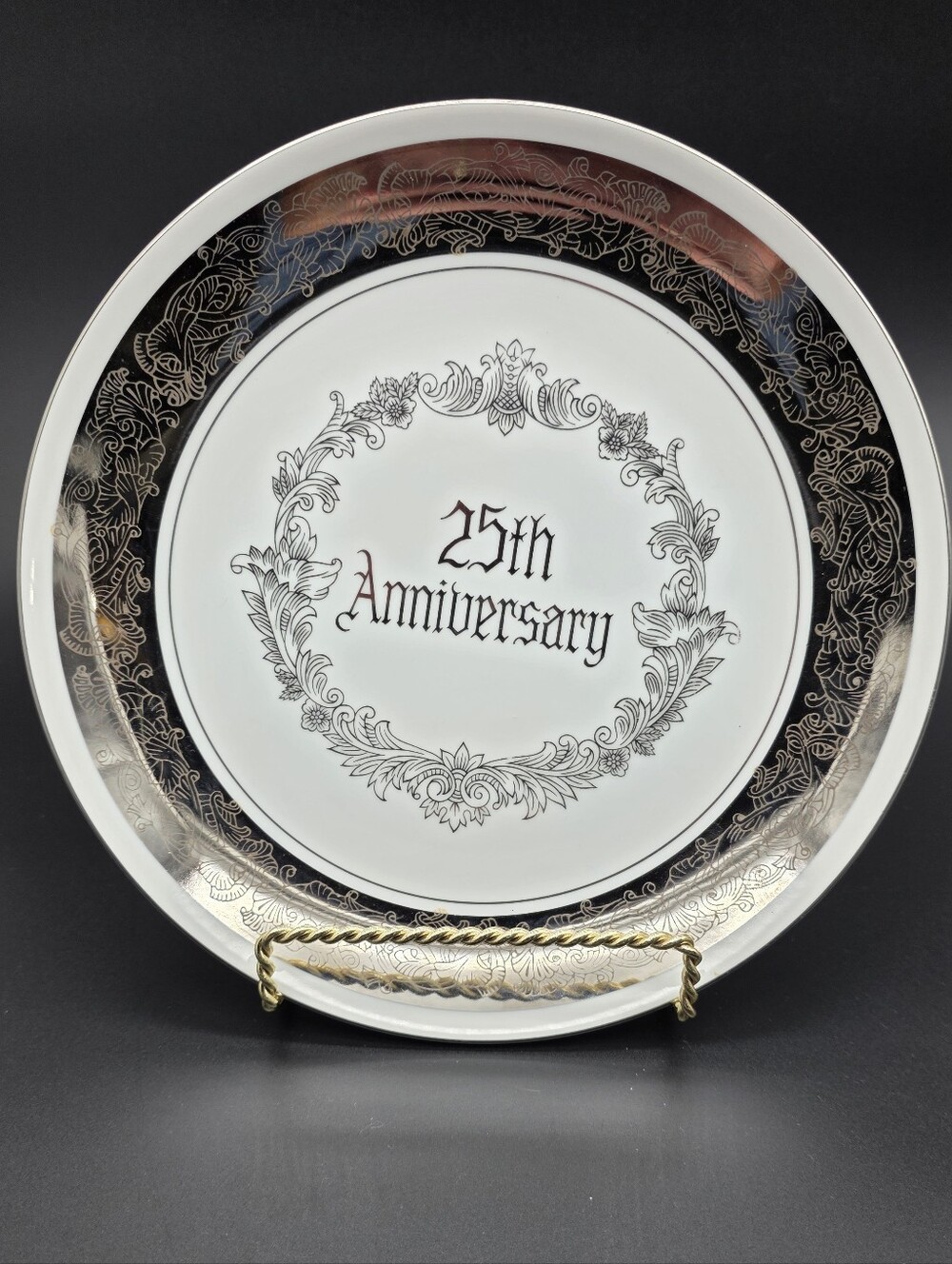 Vintage Saji Fine China 25th Anniversary Decorative Plate Silver Filigree Rim